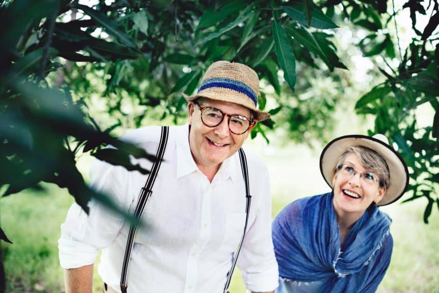 Older Couple wearing eyeglasses while exporing outdoors together